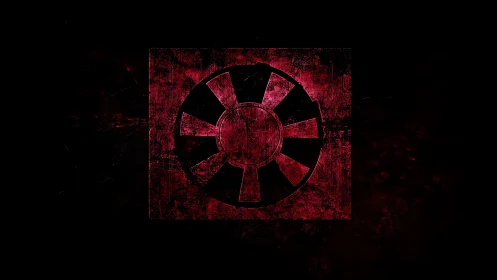 Radial emblem in distressed red square on deep black field.