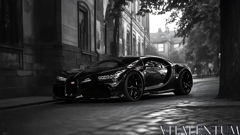Black hypercar in moody cobblestone city street at dusk.