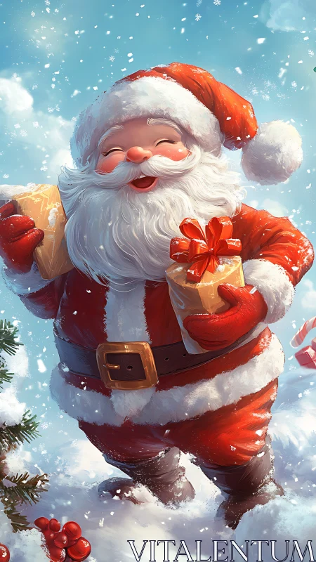 Jolly Santa brings snowy cheer with armfuls of gifts.