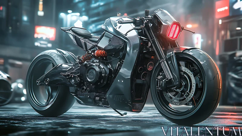 Midnight city street welcomes a sleek futuristic motorcycle.