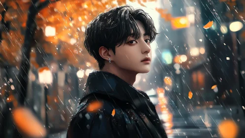 Young man on rainy city street with autumn foliage.