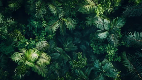 Lush tropical jungle canopy with dense layered palm leaves.