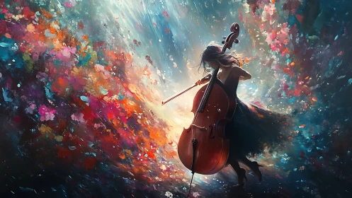 Cellist silhouette amid abstract multicolor paint vortex.