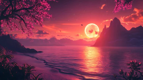 Pink coastal landscape shows large moon over calm water
