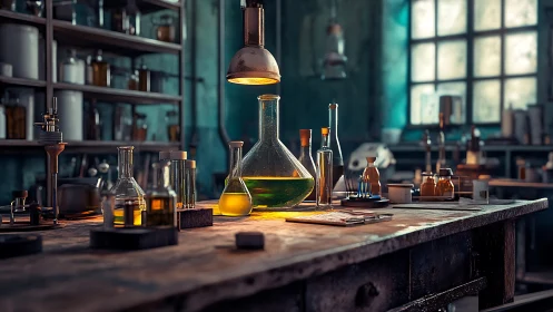 Vintage chemistry lab bench under warm industrial light.