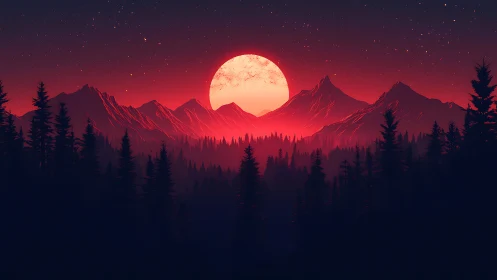 Crimson moonrise crowns midnight pines and serrated peaks.
