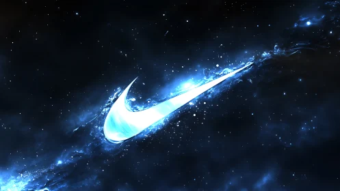 Luminous swoosh emblem arcs through deep cosmic nebulae field