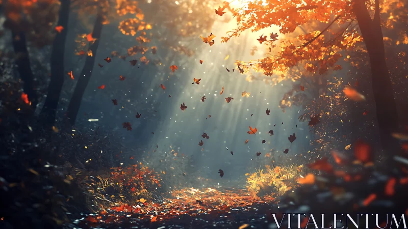 Autumn forest path with falling leaves in warm sunlight.