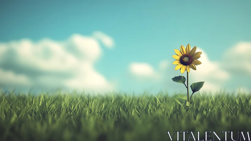 Sunlit lone sunflower smiling beneath drifting daydream clouds.