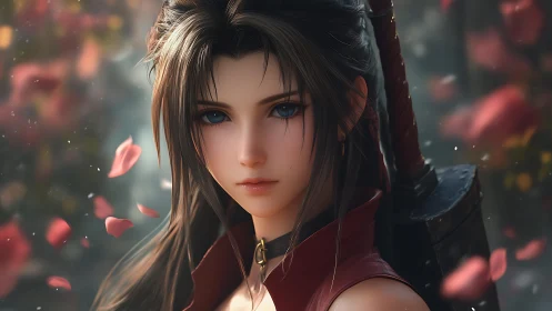 Female warrior portrait with sword and drifting petals.