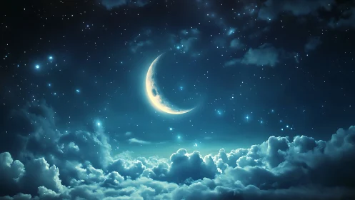 Crescent moon glows gently above luminous night clouds.