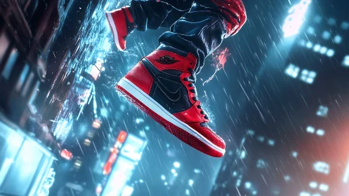 Red high-top sneakers slice neon rain-soaked night city.