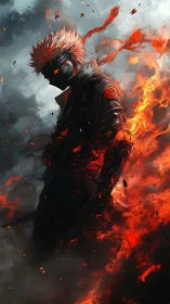 Masked fire warrior strides through storm of ash and embers