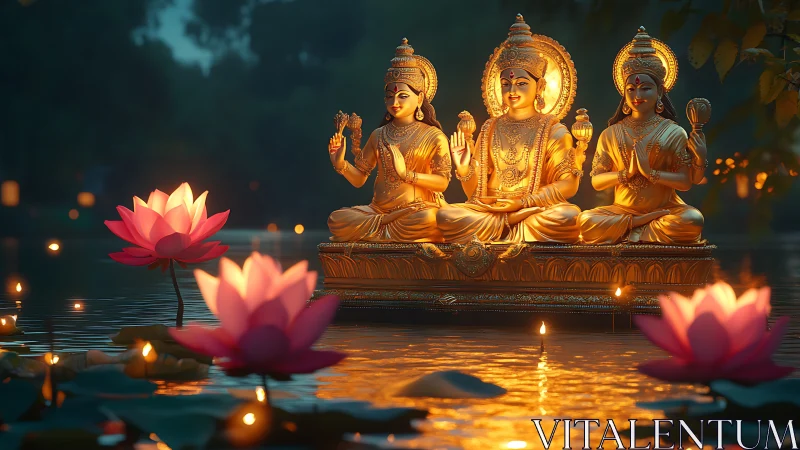 Golden Hindu deities on lotus lake with floating candles at dusk.