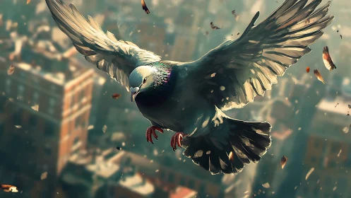 Urban pigeon glides through sunlit city turbulence.