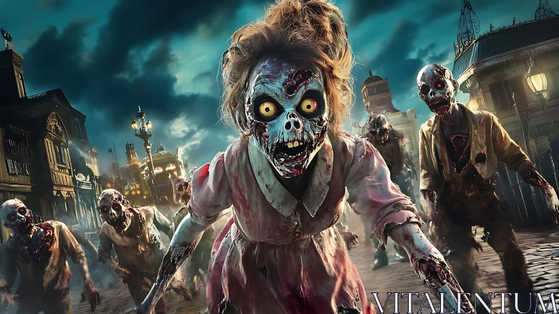 Undead figures advance along an urban street at night