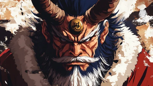 Horned warlord portrait in dynamic ink-brush anime style.