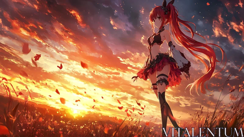 Red haired anime girl in field under intense sunset sky.
