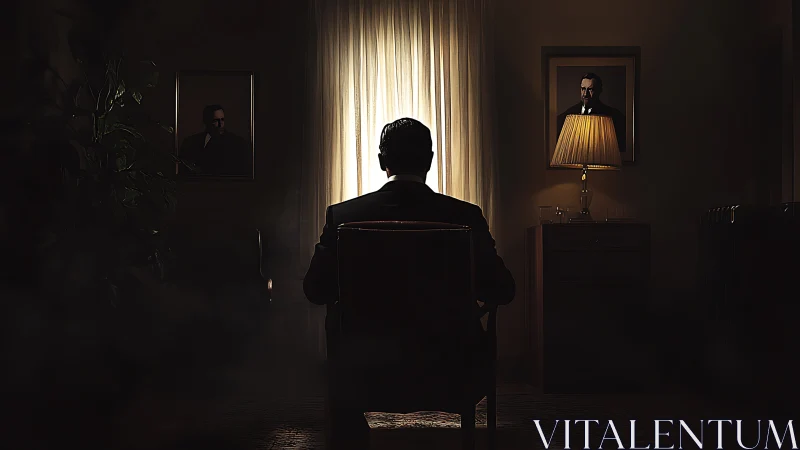 Solitary man sits before glowing curtain in moody study