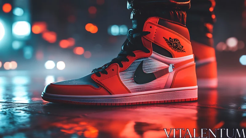High-top sneakers glow in neon-lit urban night scene.