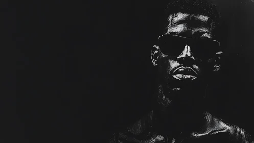 Intense monochrome portrait emerges from deep black shadows