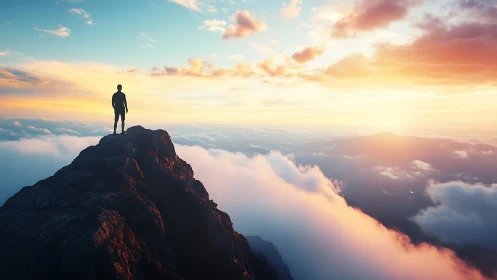 Lone hiker stands above clouds on sunlit mountain summit.