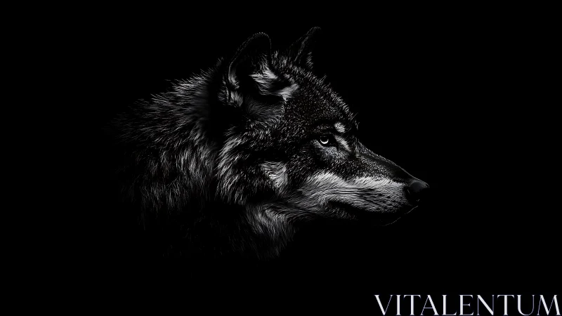 Lone wolf profile in stark monochrome darkness.