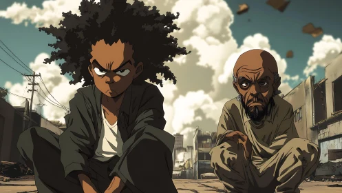 Serious boy and older man in ruined urban street scene.