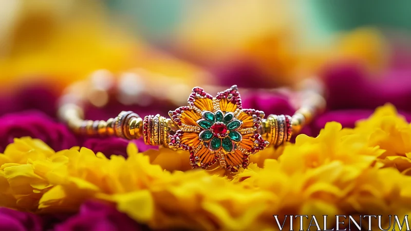 Floral jeweled bracelet glowing among bright festival blooms.