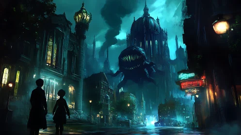 Giant shadow creature over gothic city at night.