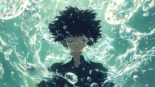 Anime boy submerged in swirling translucent water field.