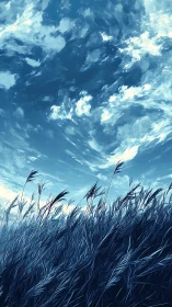 Windborne reeds beneath a swirling cathedral of sky.