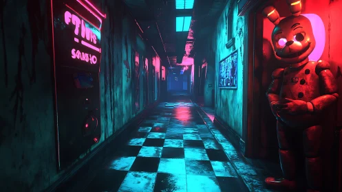 Neon lit hallway shows rusted animatronic rabbit figure