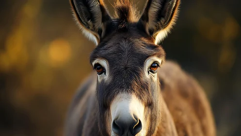 Telephoto portrait of a donkey with shallow depth of field bokeh