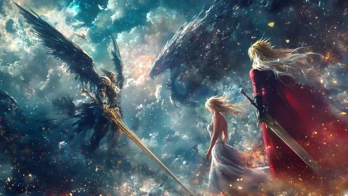 Starlit swords divide heaven as winged warriors storm forward