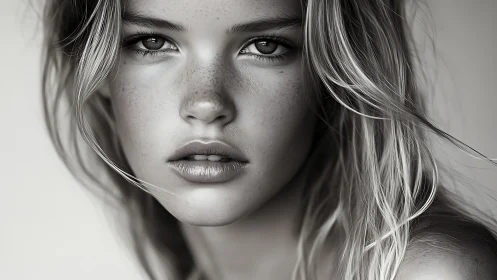 Monochrome portrait captures freckled gaze and wet lips.