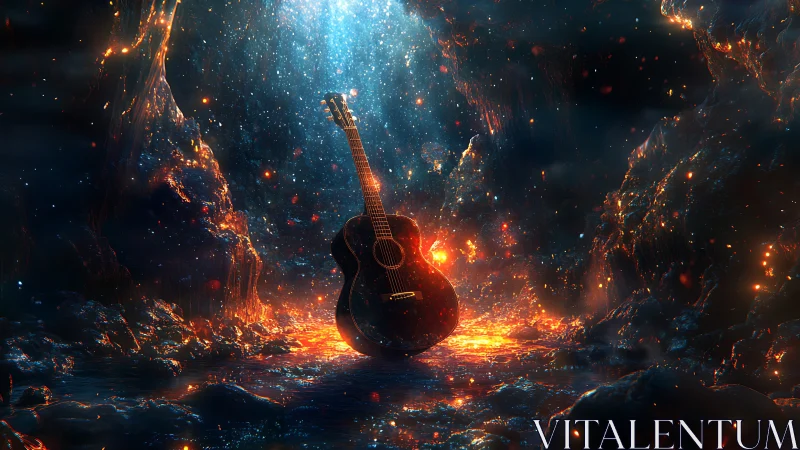 Luminous acoustic guitar in molten cavern with cosmic sparks.