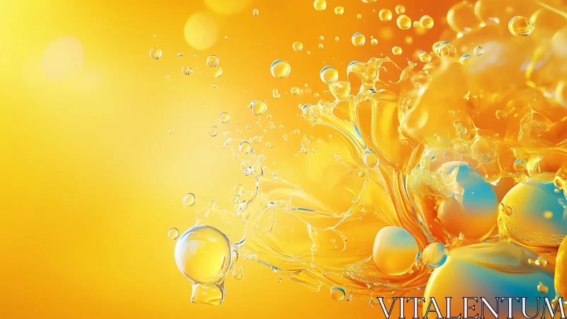 Golden liquid abstraction with floating translucent droplets.