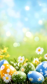 Pastel egg meadow under daisy-bright springtime sky.