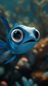 Big-eyed blue reef fish caught in adorable surprise gaze.