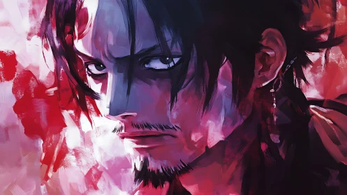 Crimson brushstrokes forge a battle wary warrior’s gaze