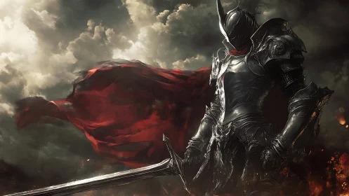 Storm-lit dark knight stands ready with a blazing red cloak