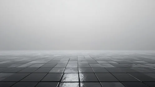 Empty wet tiled floor fading into white foggy horizon.