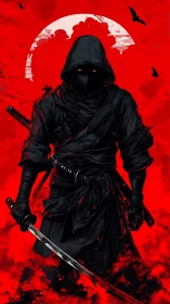 Shadow ninja stands before blood-red fractured moon