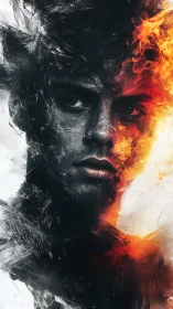 Fiery portrait merges human intensity with erupting flames