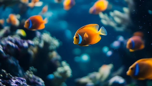 Clownfish swimming among coral in a blurred reef habitat.