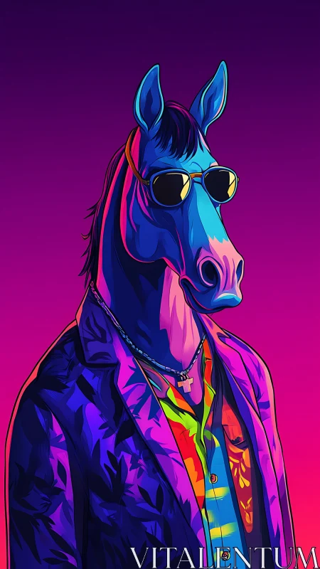 Neon-lit anthropomorphic horse in sunglasses and floral blazer.