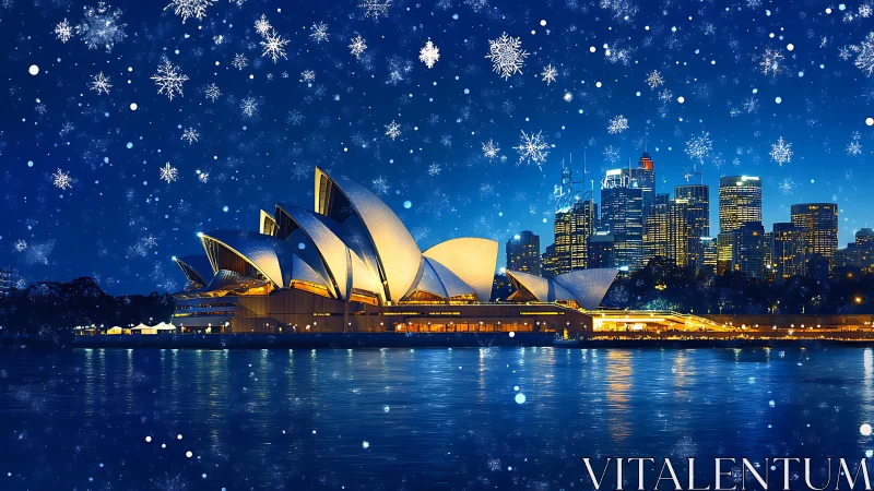 Sydney Opera House skyline under stylized winter snowfall