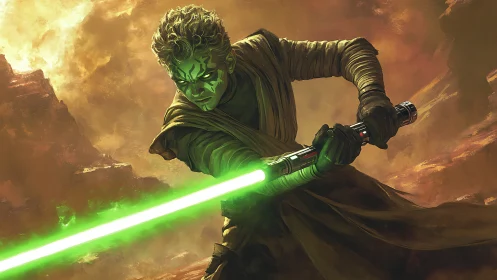 Green lightsaber warrior in dynamic desert battle stance.