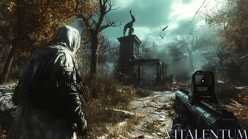 Hooded soldier in ruined forest approach to statue monument.